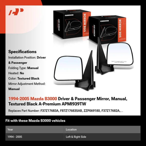 1994-2005 Mazda B3000 Driver & Passenger Mirror, Manual, Textured Black A-Premium APMI939TW