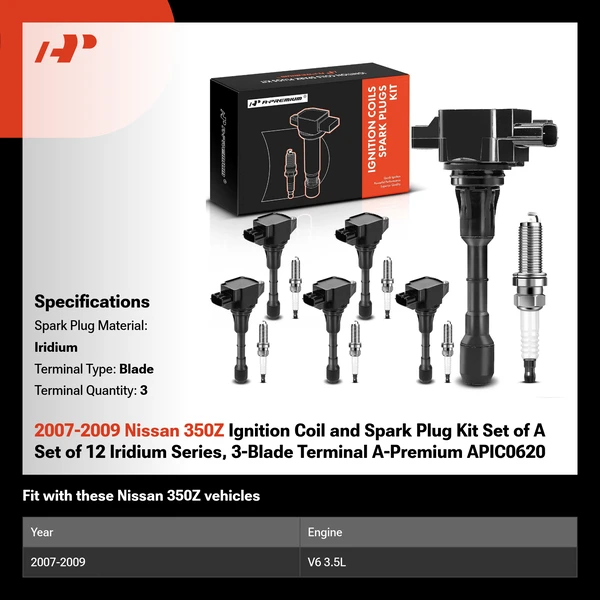 2007-2009 Nissan 350Z Ignition Coil and Spark Plug Kit Set of A Set of 12 Iridium Series, 3-Blade Terminal A-Premium APIC0620
