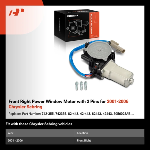 Front Right Power Window Motor with 2 Pins for 2001-2006 Chrysler Sebring