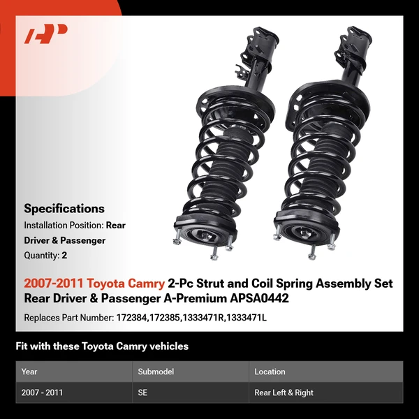 2007-2011 Toyota Camry 2-Pc Strut and Coil Spring Assembly Set Rear Driver & Passenger A-Premium APSA0442