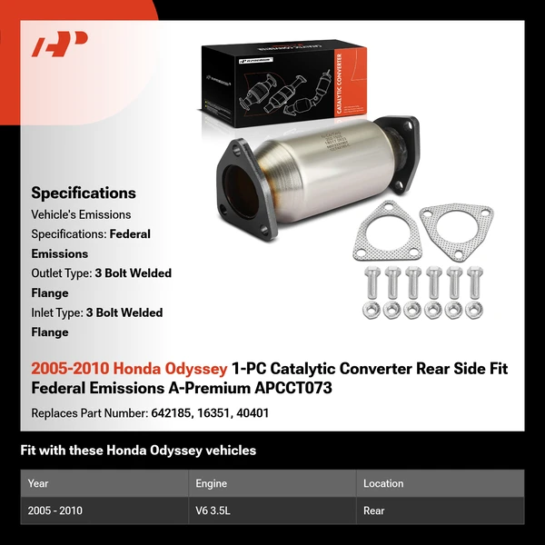 2005-2010 Honda Odyssey 1-PC Catalytic Converter Rear Side Fit Federal Emissions A-Premium APCCT073
