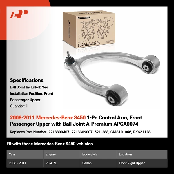2008-2011 Mercedes-Benz S450 1-Pc Control Arm, Front Passenger Upper with Ball Joint A-Premium APCA0074