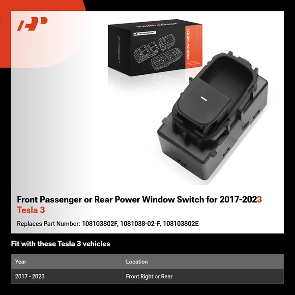 Front Passenger or Rear Power Window Switch for 2017-2023 Tesla 3