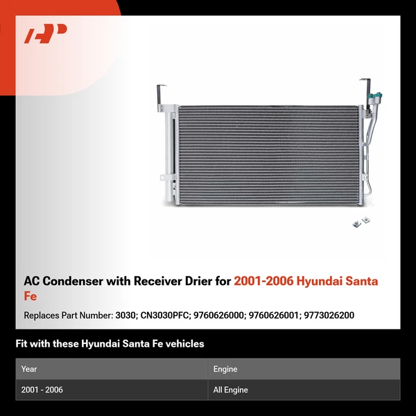 AC Condenser with Receiver Drier for 2001-2006 Hyundai Santa Fe