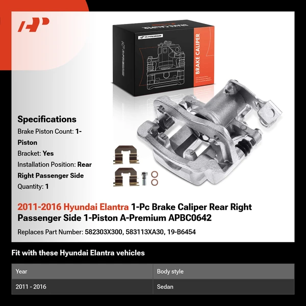 2011-2016 Hyundai Elantra 1-Pc Brake Caliper Rear Right Passenger Side 1-Piston A-Premium APBC0642