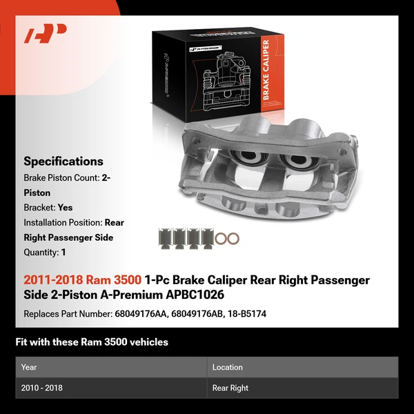 2011-2018 Ram 3500 1-Pc Brake Caliper Rear Right Passenger Side 2-Piston A-Premium APBC1026