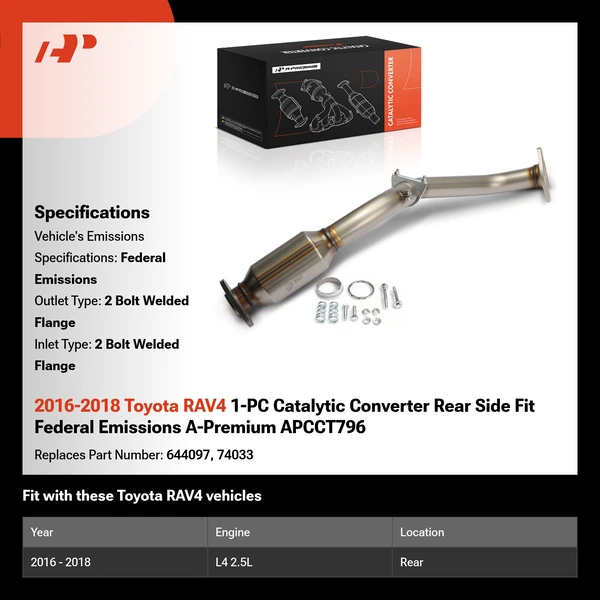 2016-2018 Toyota RAV4 1-PC Catalytic Converter Rear Side Fit Federal Emissions A-Premium APCCT796