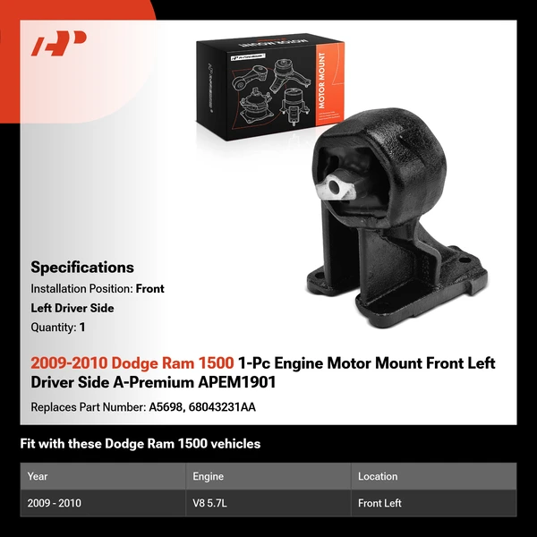 2009-2010 Dodge Ram 1500 1-Pc Engine Motor Mount Front Left Driver Side A-Premium APEM1901