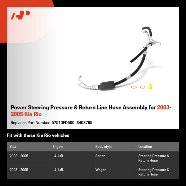 Power Steering Pressure & Return Line Hose Assembly for 2003-2005 Kia Rio