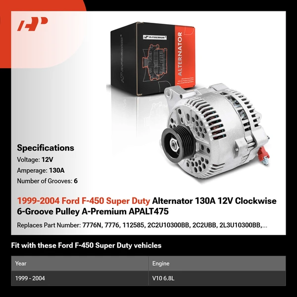 1999-2004 Ford F-450 Super Duty Alternator 130A 12V Clockwise 6-Groove Pulley A-Premium APALT475