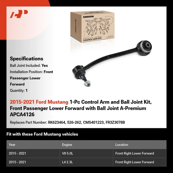 2015-2021 Ford Mustang 1-Pc Control Arm and Ball Joint Kit, Front Passenger Lower Forward with Ball Joint A-Premium APCA4126