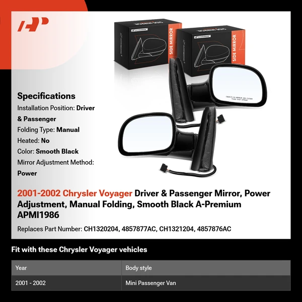 2001-2002 Chrysler Voyager Driver & Passenger Mirror, Power Adjustment, Manual Folding, Smooth Black A-Premium APMI1986