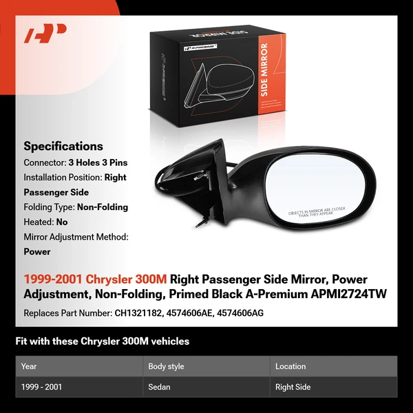 1999-2001 Chrysler 300M Right Passenger Side Mirror, Power Adjustment, Non-Folding, Primed Black A-Premium APMI2724TW