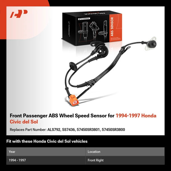 Front Passenger ABS Wheel Speed Sensor for 1994-1997 Honda Civic del Sol