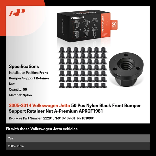 2005-2014 Volkswagen Jetta 50 Pcs Nylon Black Front Bumper Support Retainer Nut A-Premium APRCF1981