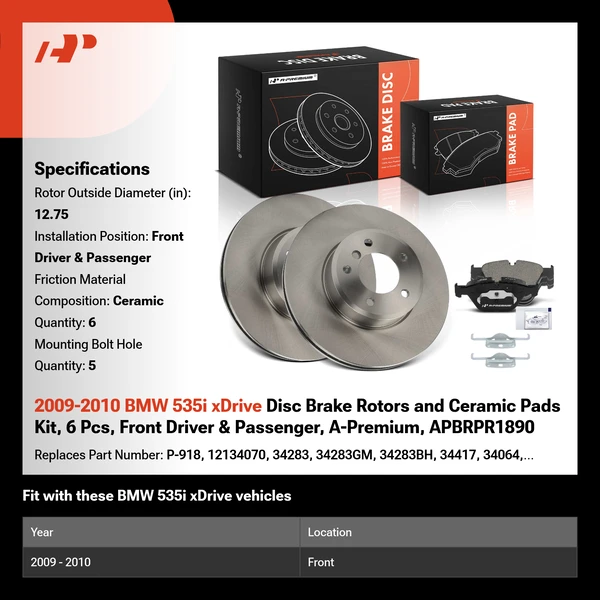 2009-2010 BMW 535i xDrive Disc Brake Rotors and Ceramic Pads Kit, 6 Pcs, Front Driver & Passenger, A-Premium, APBRPR1890