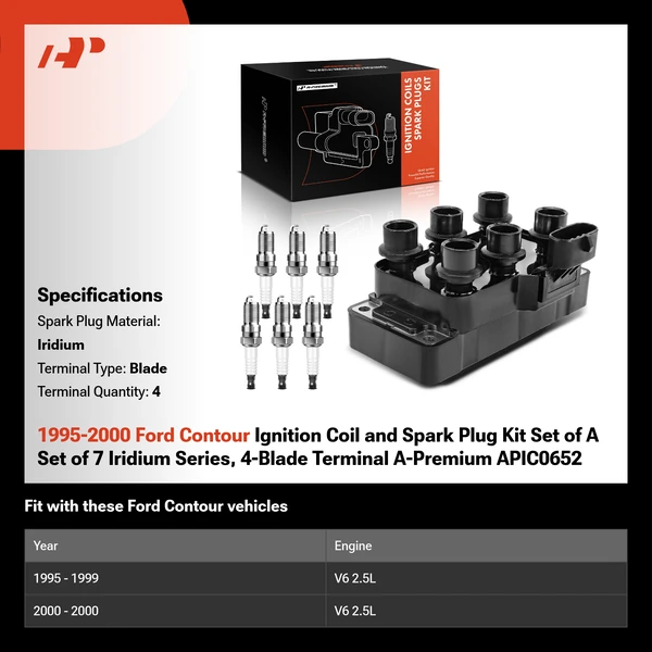 1995-2000 Ford Contour Ignition Coil and Spark Plug Kit Set of A Set of 7 Iridium Series, 4-Blade Terminal A-Premium APIC0652