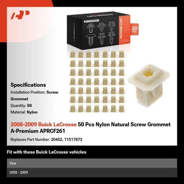 2008-2009 Buick LaCrosse 50 Pcs Nylon Natural Screw Grommet A-Premium APRCF261