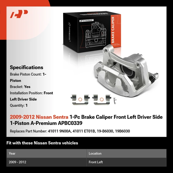 2009-2012 Nissan Sentra 1-Pc Brake Caliper Front Left Driver Side 1-Piston A-Premium APBC0339
