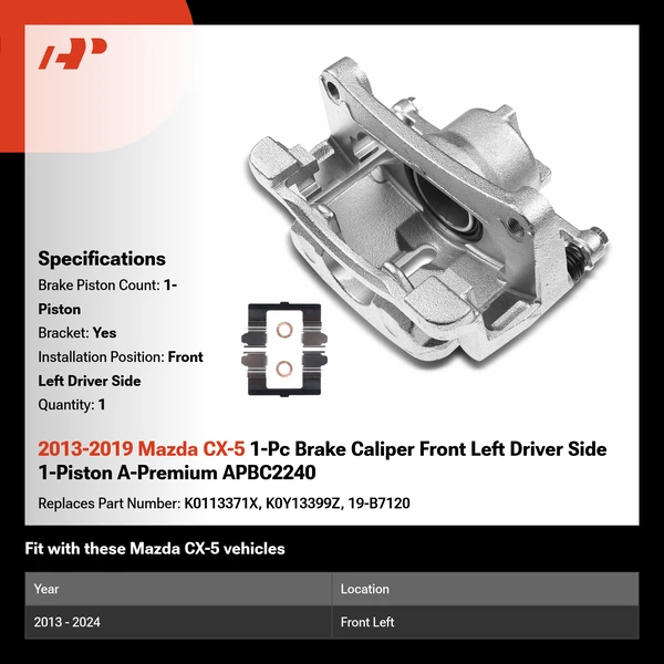 2013-2019 Mazda CX-5 1-Pc Brake Caliper Front Left Driver Side 1-Piston A-Premium APBC2240