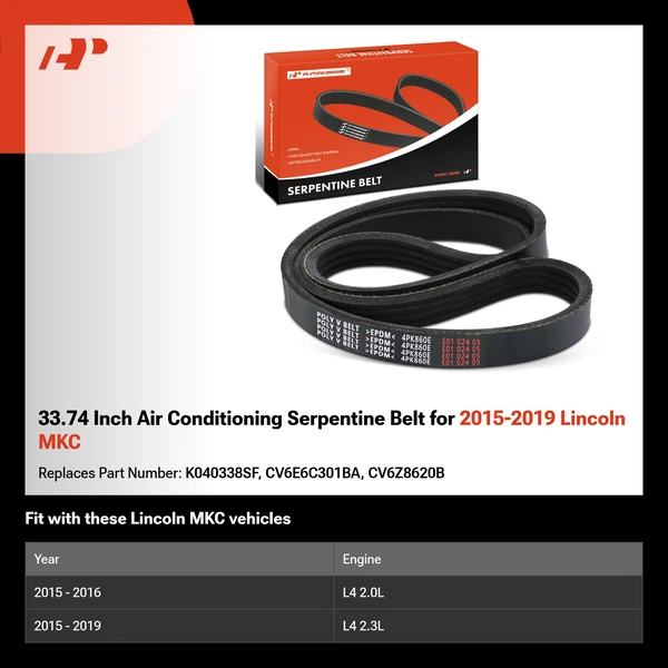 33.74 Inch Air Conditioning Serpentine Belt for 2015-2019 Lincoln MKC