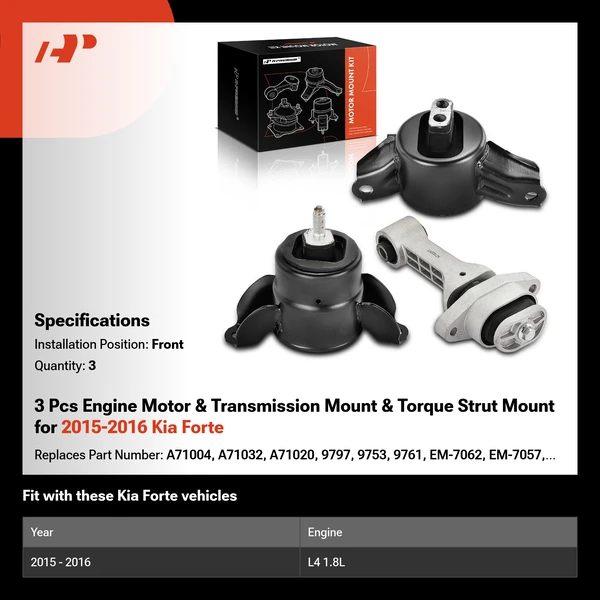 3 Pcs Engine Motor & Transmission Mount & Torque Strut Mount for 2015-2016 Kia Forte