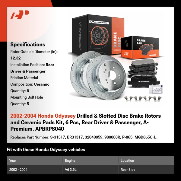 2002-2004 Honda Odyssey Drilled & Slotted Disc Brake Rotors and Ceramic Pads Kit, 6 Pcs, Rear Driver & Passenger, A-Premium, APBRPS040