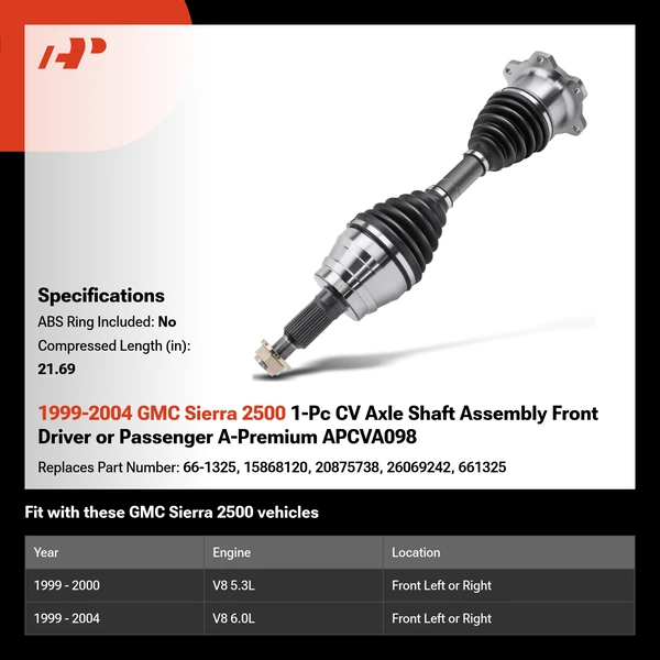 1999-2004 GMC Sierra 2500 1-Pc CV Axle Shaft Assembly Front Driver or Passenger A-Premium APCVA098