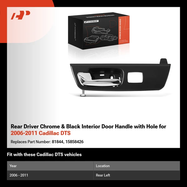 Rear Driver Chrome & Black Interior Door Handle with Hole for 2006-2011 Cadillac DTS