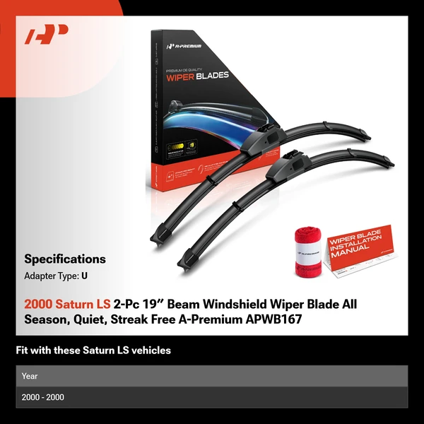 2000 Saturn LS 2-Pc 19″ Beam Windshield Wiper Blade All Season, Quiet, Streak Free A-Premium APWB167