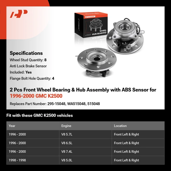 2 Pcs Front Wheel Bearing & Hub Assembly with ABS Sensor for 1996-2000 GMC K2500