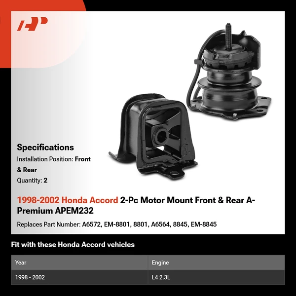 1998-2002 Honda Accord 2-Pc Motor Mount Front & Rear A-Premium APEM232