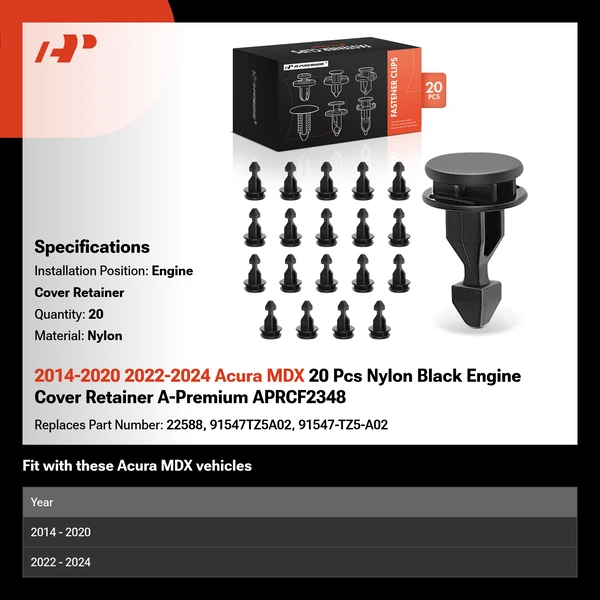 2014-2020 2022-2024 Acura MDX 20 Pcs Nylon Black Engine Cover Retainer A-Premium APRCF2348