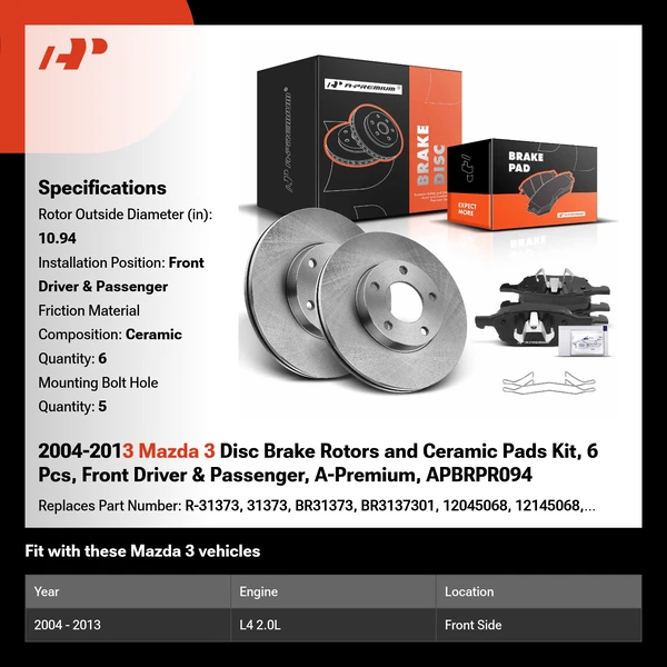 2004-2013 Mazda 3 Disc Brake Rotors and Ceramic Pads Kit, 6 Pcs, Front Driver & Passenger, A-Premium, APBRPR094