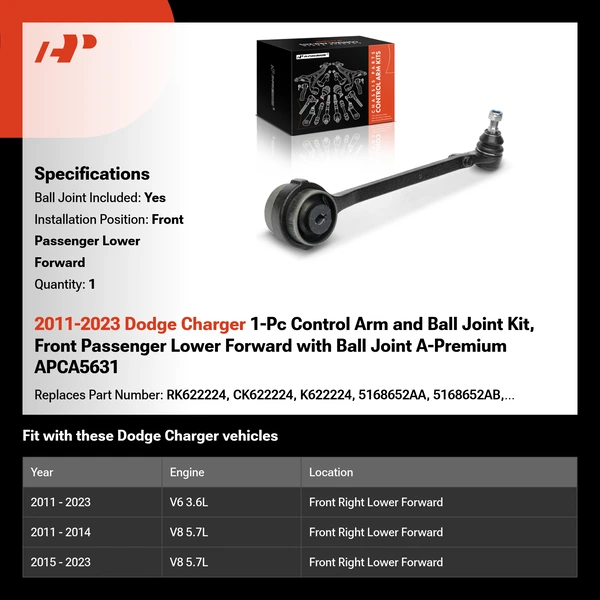 2011-2023 Dodge Charger 1-Pc Control Arm and Ball Joint Kit, Front Passenger Lower Forward with Ball Joint A-Premium APCA5631