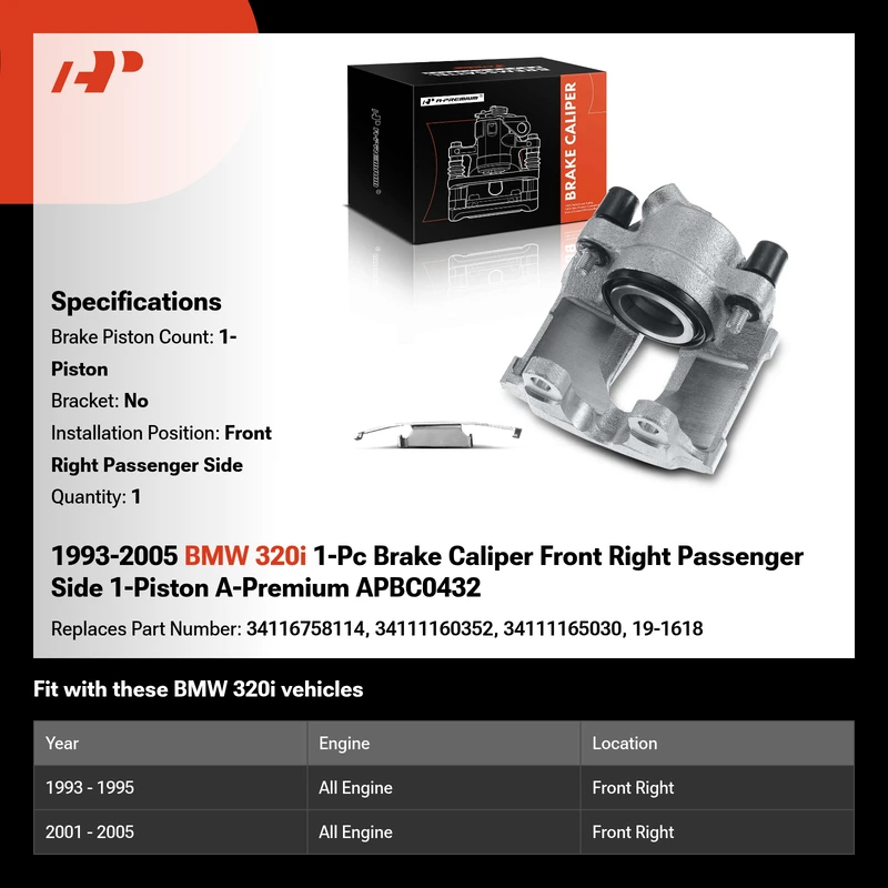 1993-2005 BMW 320i 1-Pc Brake Caliper Front Right Passenger Side 1-Piston A-Premium APBC0432
