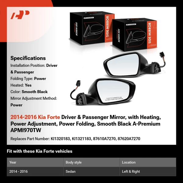 2014-2016 Kia Forte Driver & Passenger Mirror, with Heating, Power Adjustment, Power Folding, Smooth Black A-Premium APMI970TW