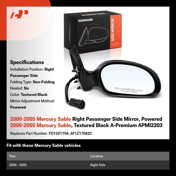 2000-2005 Mercury Sable Right Passenger Side Mirror, Powered 2000-2005 Mercury Sable, Textured Black A-Premium APMI2203
