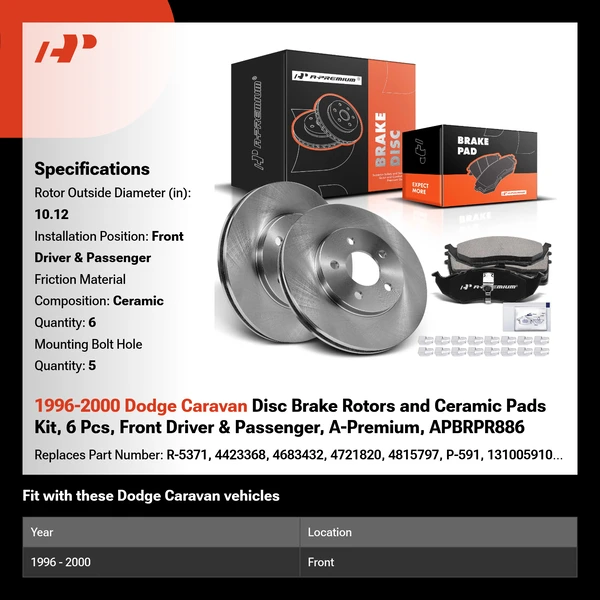 1996-2000 Dodge Caravan Disc Brake Rotors and Ceramic Pads Kit, 6 Pcs, Front Driver & Passenger, A-Premium, APBRPR886