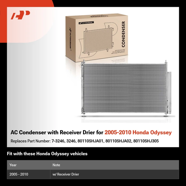 AC Condenser with Receiver Drier for 2005-2010 Honda Odyssey