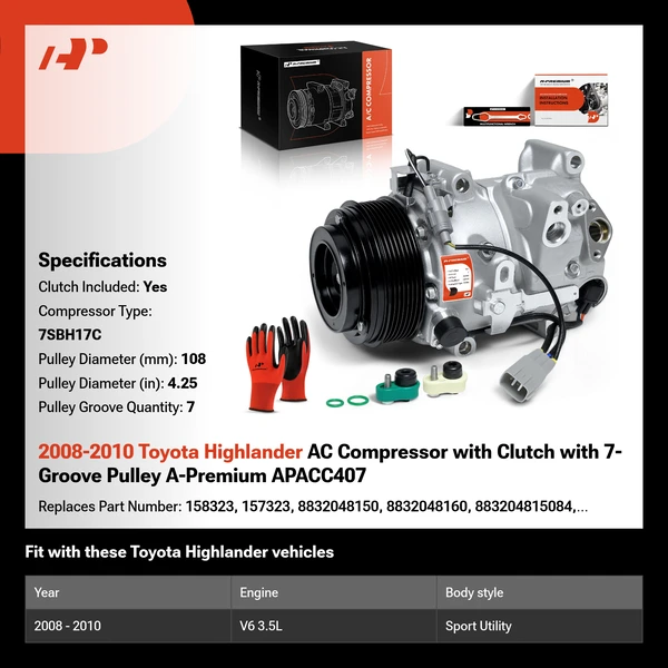 2008-2010 Toyota Highlander AC Compressor with Clutch with 7-Groove Pulley A-Premium APACC407