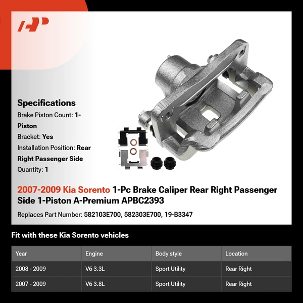 2007-2009 Kia Sorento 1-Pc Brake Caliper Rear Right Passenger Side 1-Piston A-Premium APBC2393