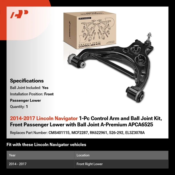 2014-2017 Lincoln Navigator 1-Pc Control Arm and Ball Joint Kit, Front Passenger Lower with Ball Joint A-Premium APCA6525