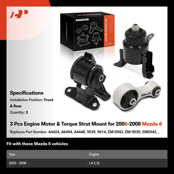 3 Pcs Engine Motor & Torque Strut Mount for 2006-2008 Mazda 6