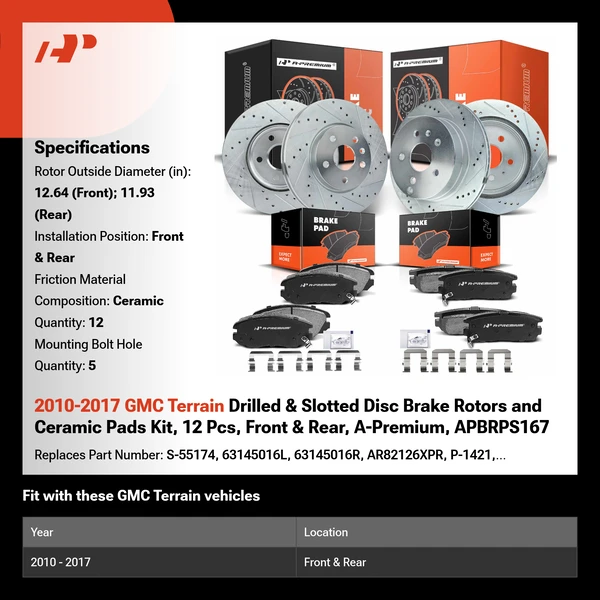 2010-2017 GMC Terrain Drilled & Slotted Disc Brake Rotors and Ceramic Pads Kit, 12 Pcs, Front & Rear, A-Premium, APBRPS167