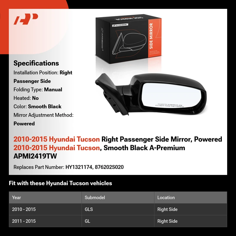 2010-2015 Hyundai Tucson Right Passenger Side Mirror, Powered 2010-2015 Hyundai Tucson, Smooth Black A-Premium APMI2419TW