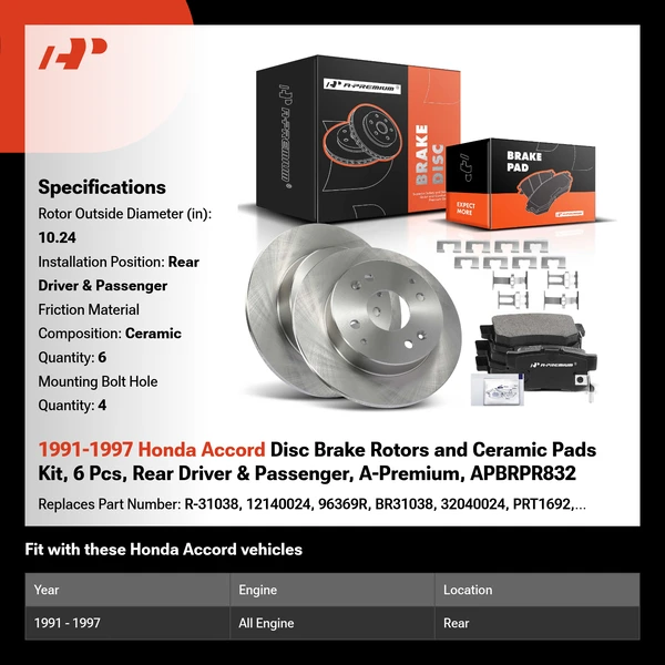 1991-1997 Honda Accord Disc Brake Rotors and Ceramic Pads Kit, 6 Pcs, Rear Driver & Passenger, A-Premium, APBRPR832