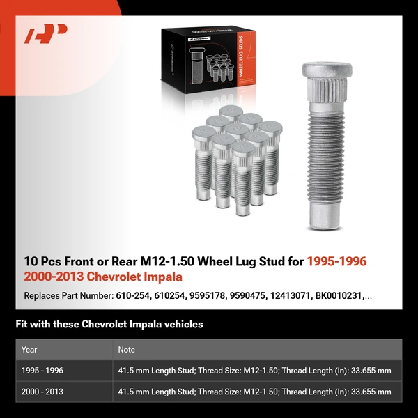 10 Pcs Front or Rear M12-1.50 Wheel Lug Stud for 1995-1996 2000-2013 Chevrolet Impala