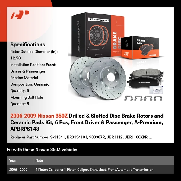 2006-2009 Nissan 350Z Drilled & Slotted Disc Brake Rotors and Ceramic Pads Kit, 6 Pcs, Front Driver & Passenger, A-Premium, APBRPS148