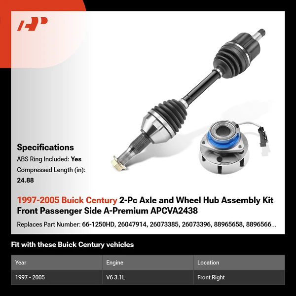 1997-2005 Buick Century 2-Pc Axle and Wheel Hub Assembly Kit Front Passenger Side A-Premium APCVA2438
